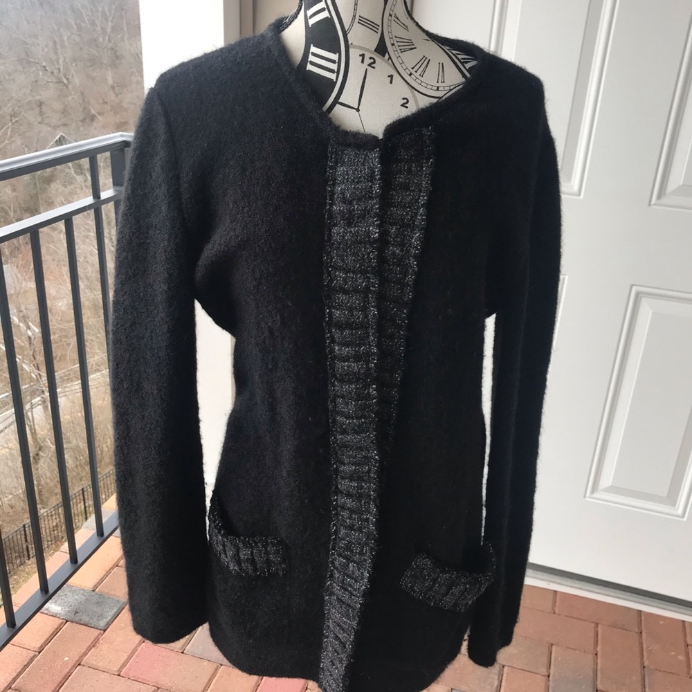 Black with gray trim cardigan. Gently used